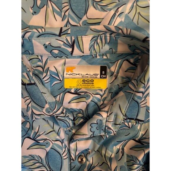 Jack Nicklaus Men's Printed Polo Shirt Shell Blue Beach Palm bird Water print S - Picture 3 of 3